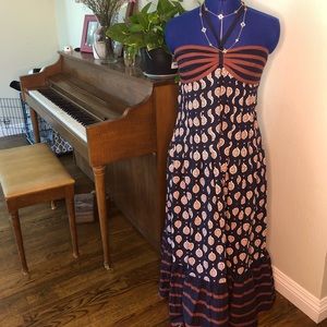 ANTHROPOLOGIE • halter maxi dress • size 4P • blue and brown colored • cotton